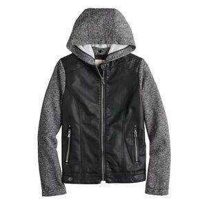 SO Black & Gray Faux-Leather Hooded Zip Up Moto Jacket Girls 10/12